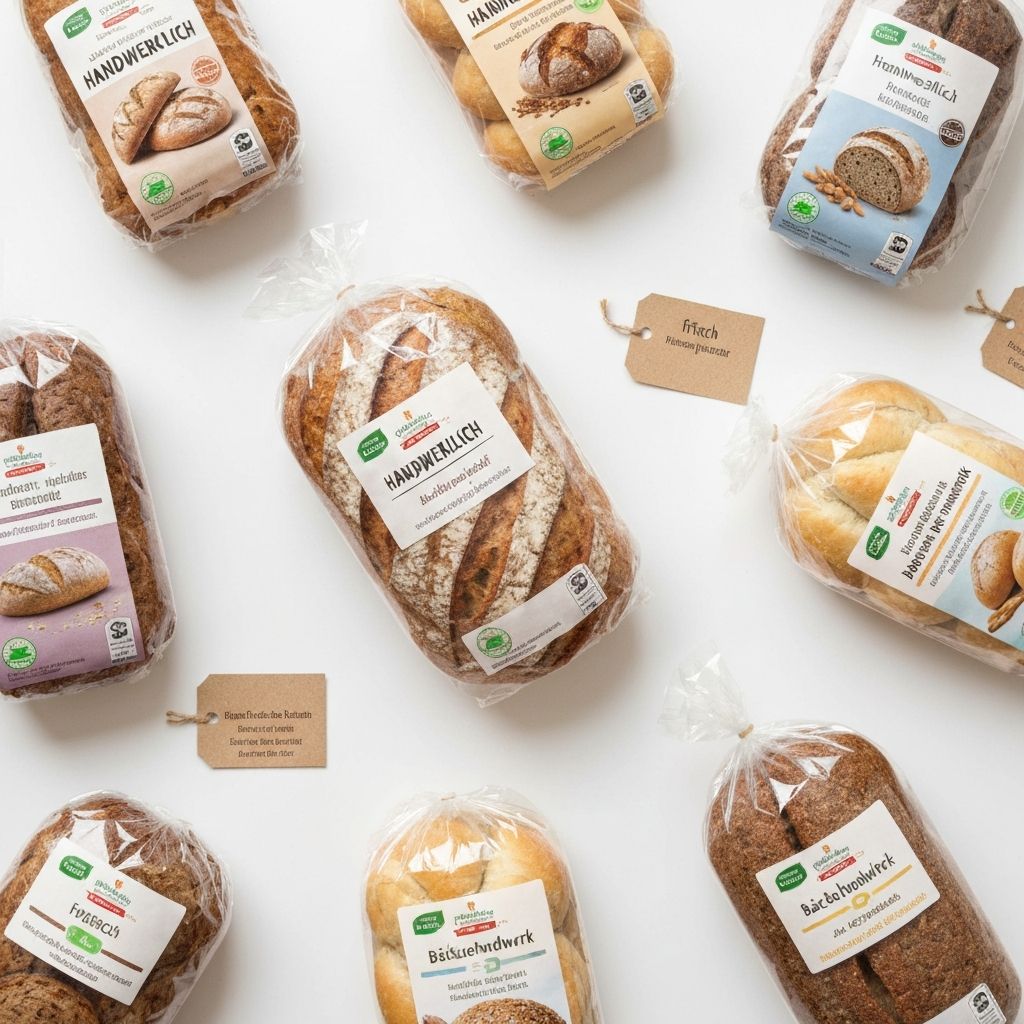 Nahaufnahme von verschiedenen Brotetiketten und deren Beschreibungen
