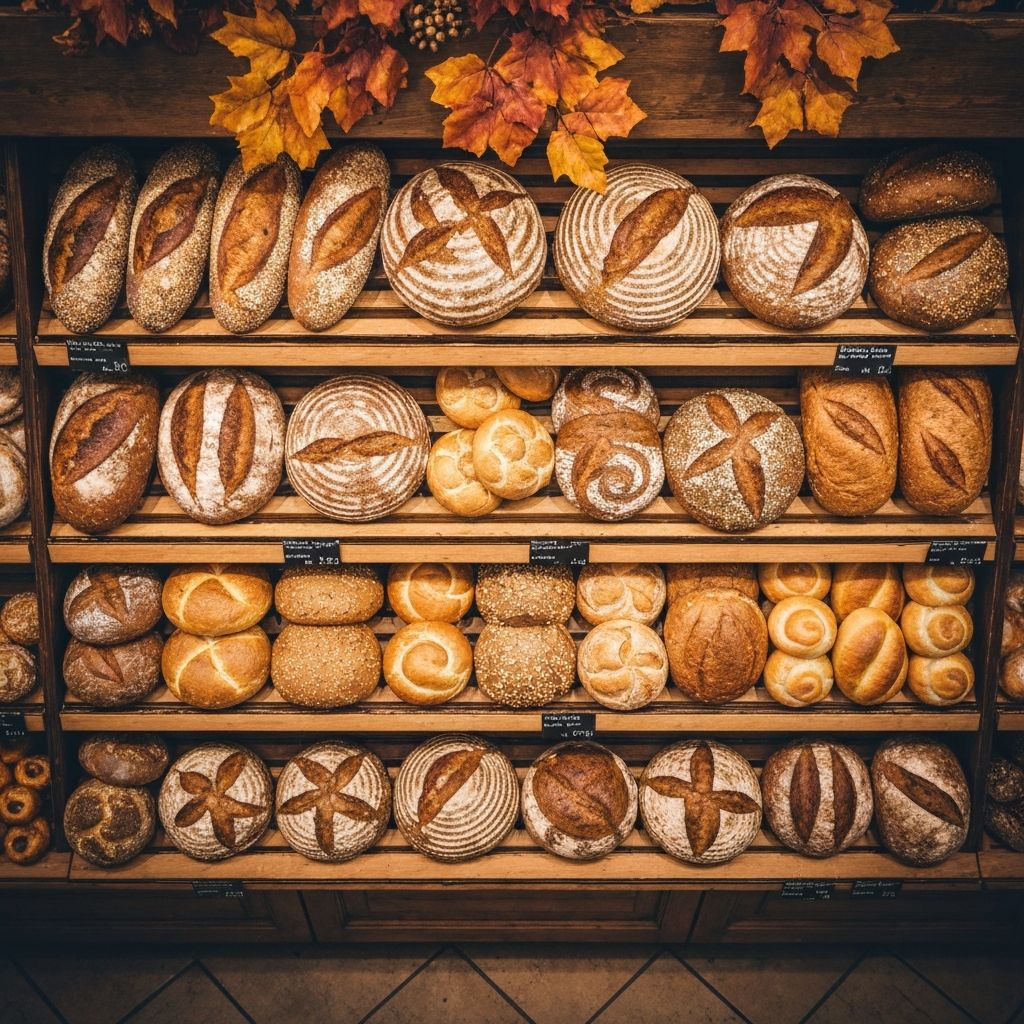 Brotregal mit verschiedenen Brotsorten