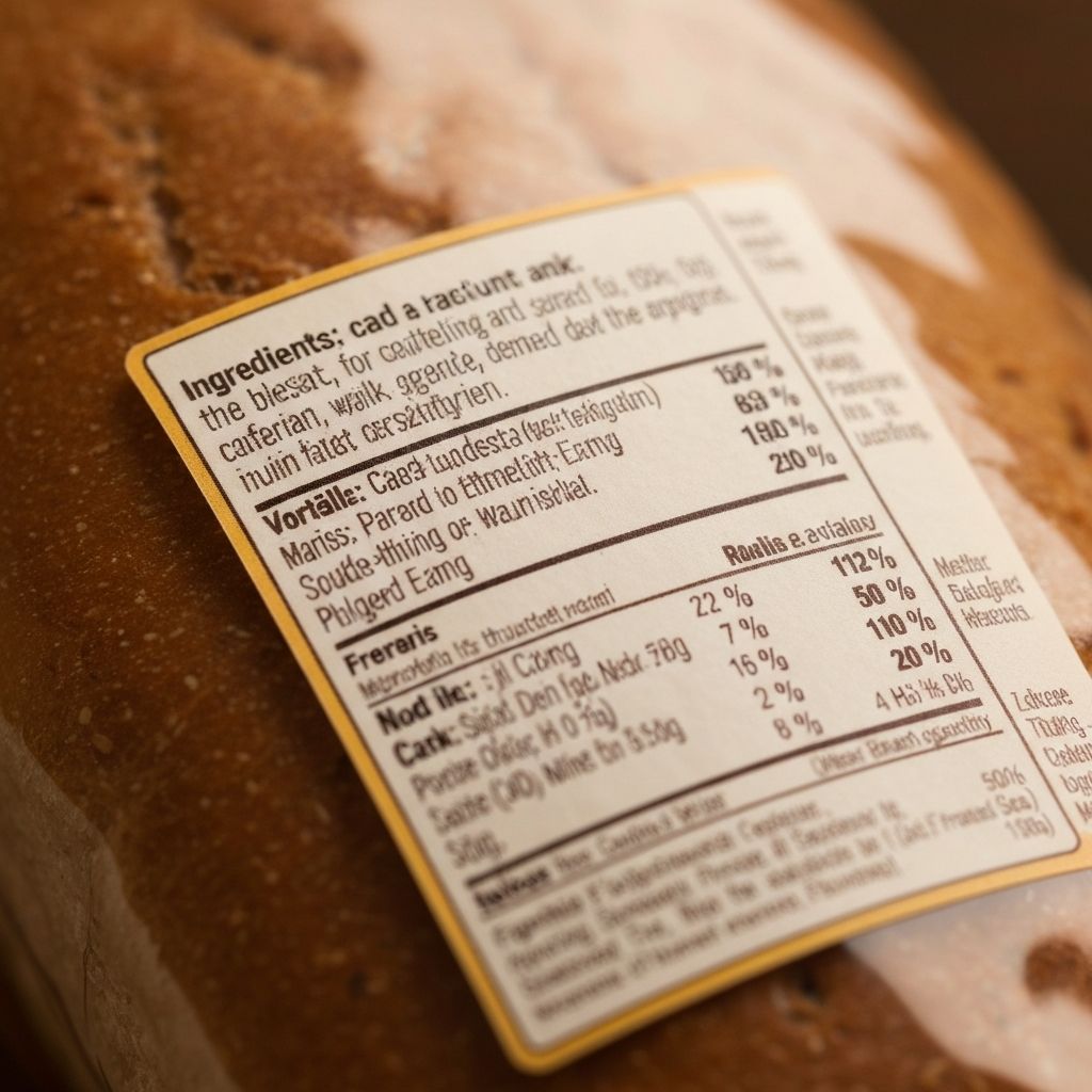 Nahaufnahme einer Zutatenliste auf einer Brotetikette